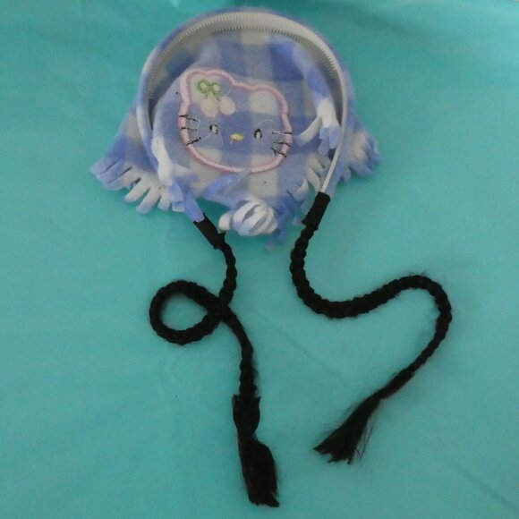 RARE HELLO KITTY Plastic Headband With Check Fleece And Black Braided Tassels - Picture 2 of 13